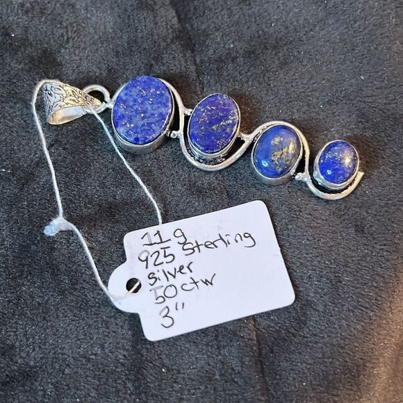 Natural Triple Grade Lapis Lazuli 4 Stone Drop Pendant in 925 Sterling Silver - Picture 6 of 8